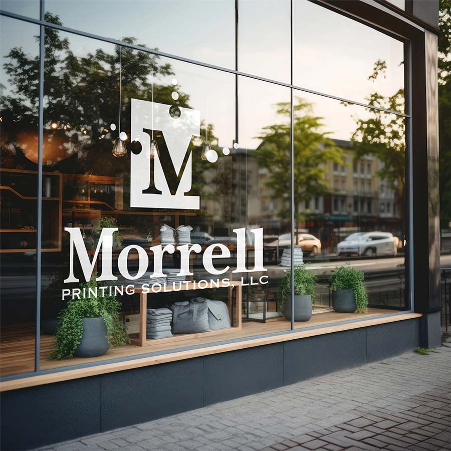 Morrell Printing logo in cut vinyl displayed on a business window