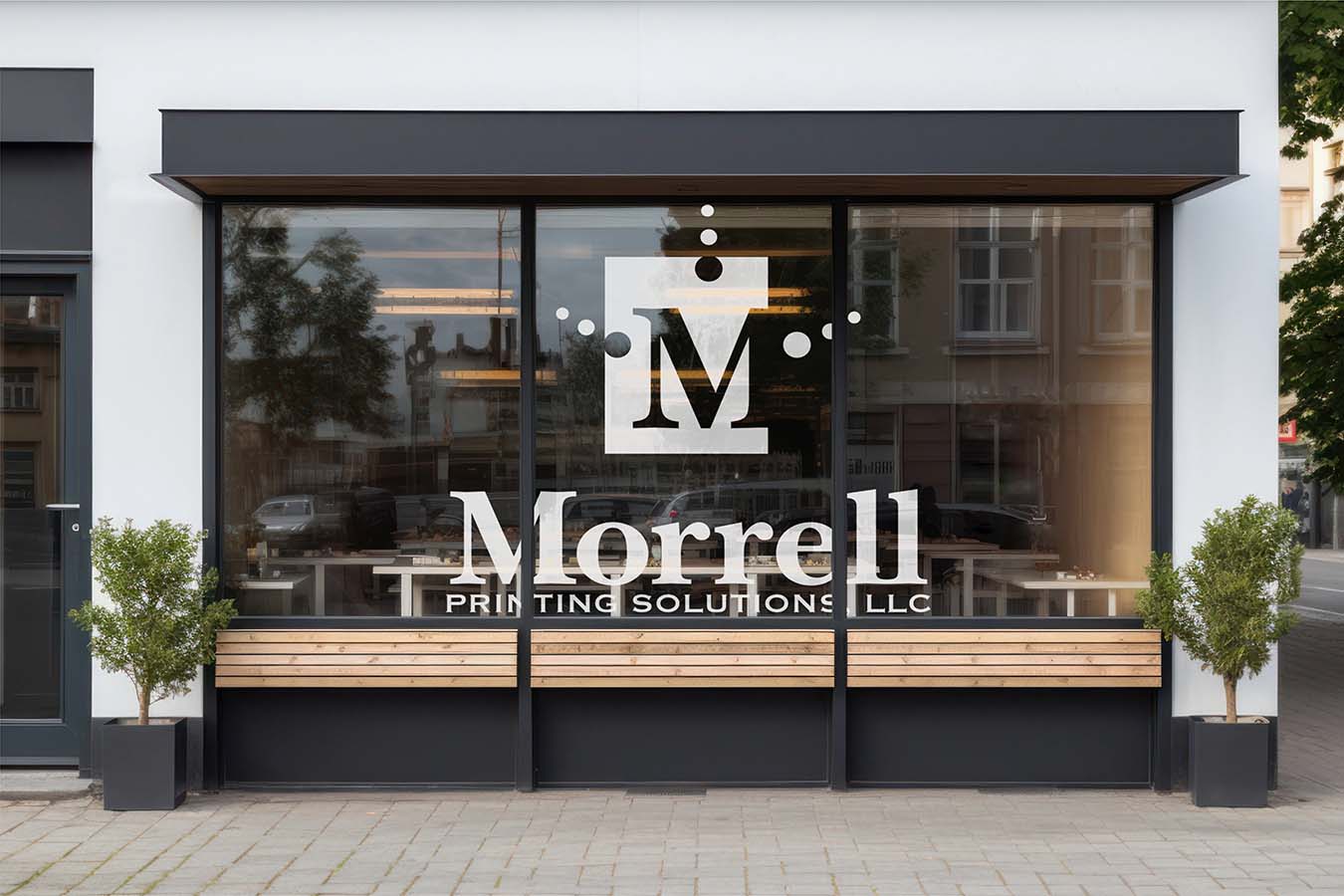 Morrell Printing logo displayed on window of business