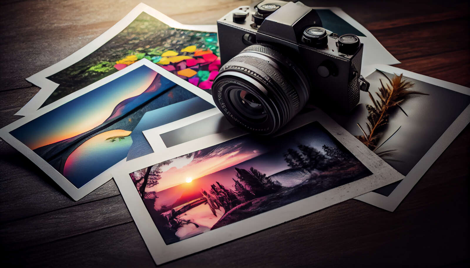 A digital camera on top of an assortment of fine art prints