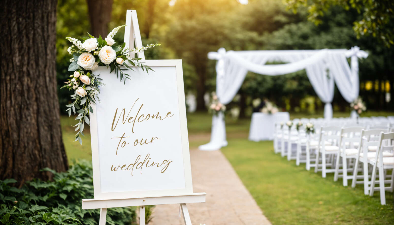 blank welcome sign on an easel at an outdoor wedding ceremony, w A direct printed wedding sign