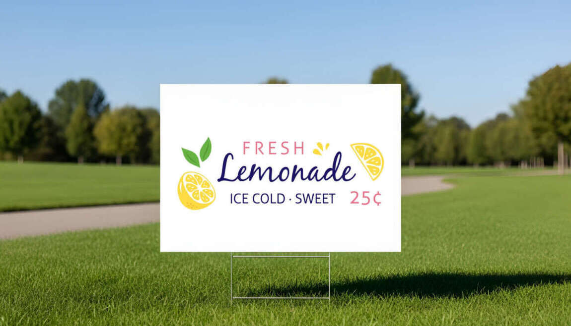 Blank Yard Sign on Green Lawn, Outdoor Advertising A direct printed lemonade stand sign.