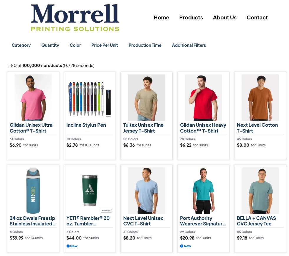 Screenshot of a promotional products website